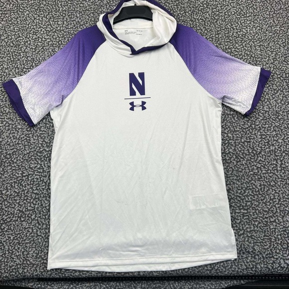 Northwestern Wildcats Shirt Men Large Under Armour Heatgear Short‎ Sleeve Hooded - Picture 1 of 8